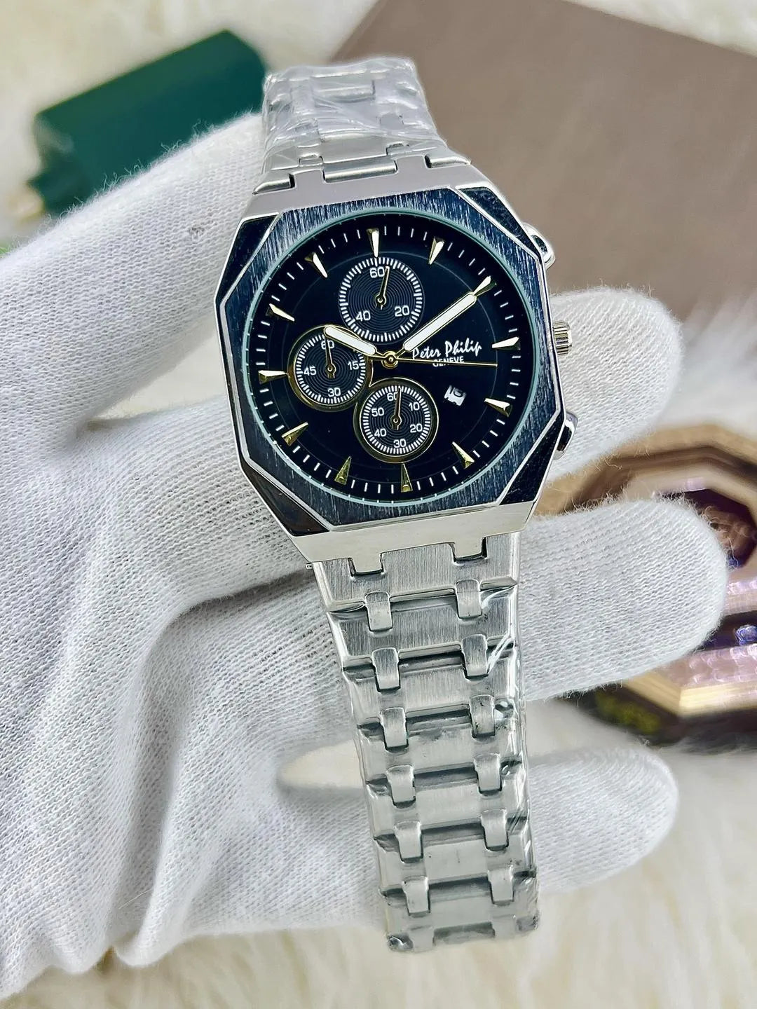 Men's Black Stainless Steel Chronograph Watch 26mm Round