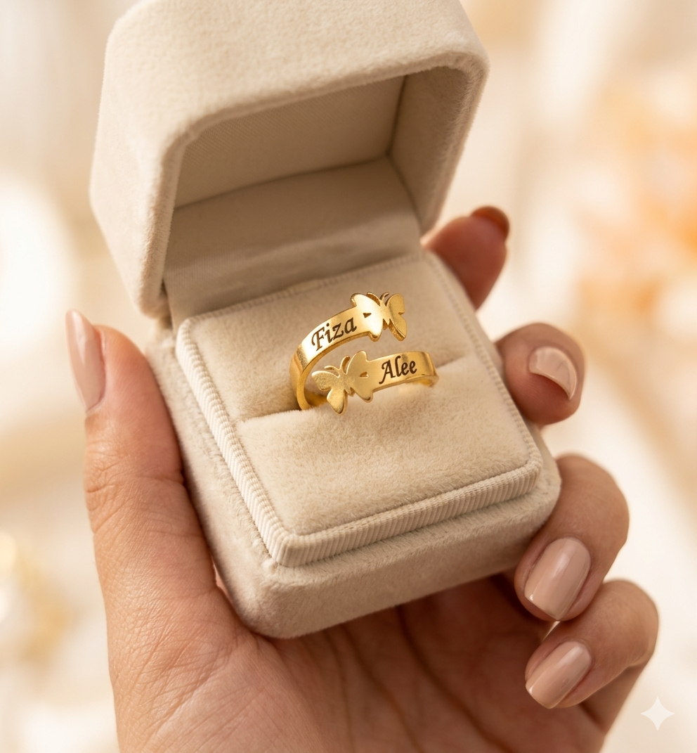 Personalized Butterfly Couple Name Ring – Adjustable Gold Plated Custom Ring for Women