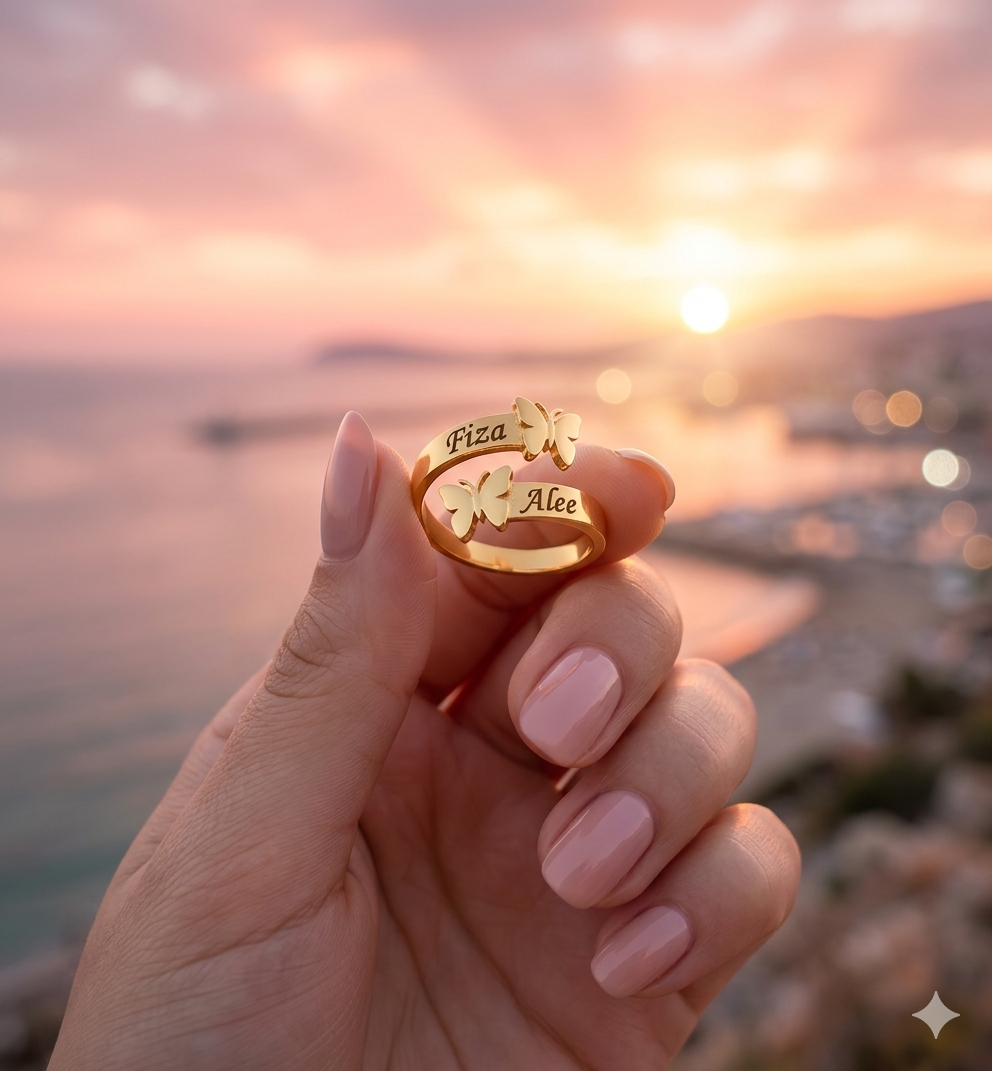 Personalized Butterfly Couple Name Ring – Adjustable Gold Plated Custom Ring for Women