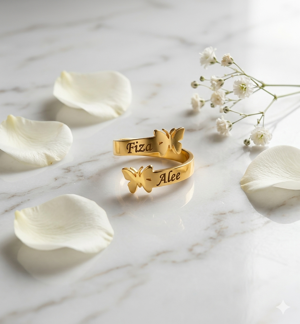Personalized Butterfly Couple Name Ring – Adjustable Gold Plated Custom Ring for Women