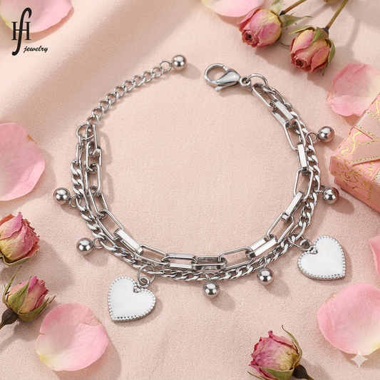 Elegant Heart Charm Bracelet for Women | Stainless Steel Layered Chain Bracelet