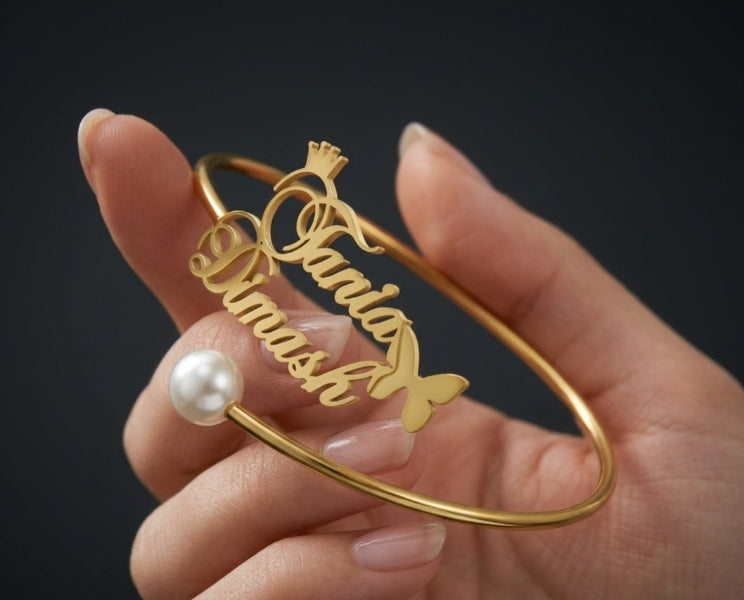 Gold bracelet with name and butterfly design by ziva style