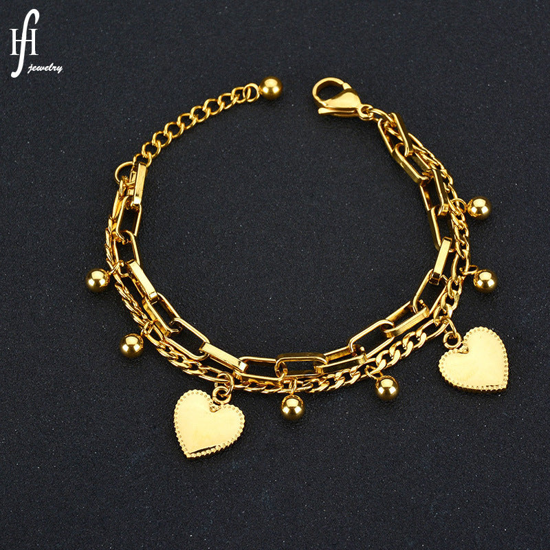 Elegant Heart Charm Bracelet for Women | Stainless Steel Layered Chain Bracelet