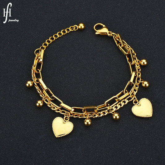 Elegant Heart Charm Bracelet for Women | Stainless Steel Layered Chain Bracelet