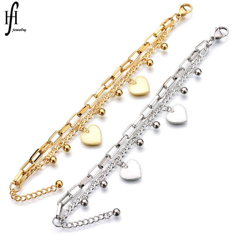 Elegant Heart Charm Bracelet for Women | Stainless Steel Layered Chain Bracelet
