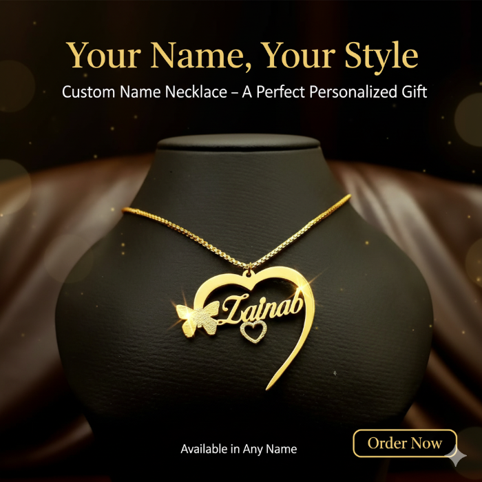 Custom name necklace with heart and butterfly pendant by ziva style