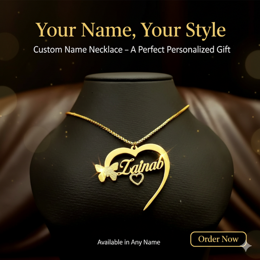 Custom name necklace with heart and butterfly pendant by ziva style